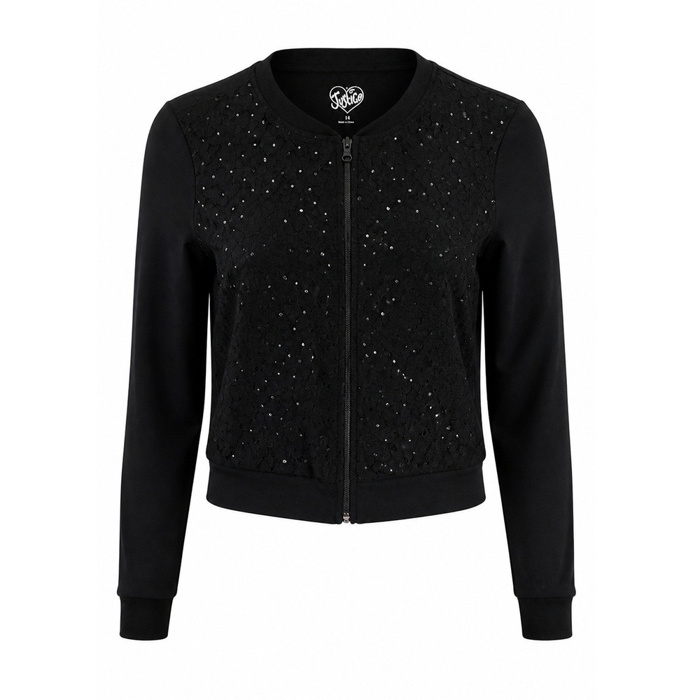 Justice Girls Black Lace Sequin Bomber Jacket Full Zip Size 18 Kids Sparkle Glam